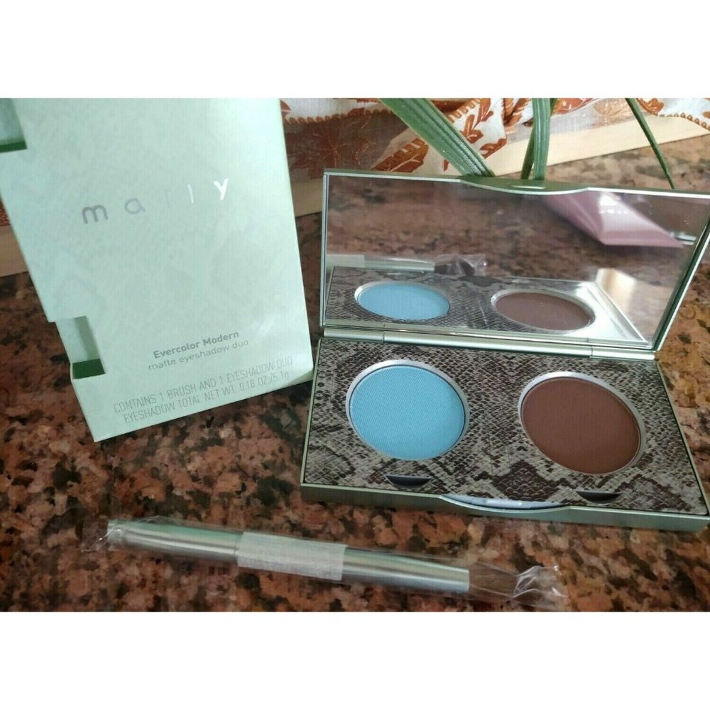 Mally Evercolor MODERN MATTE EYESHADOW Duo EARTH Brown & SKY Blue + BRUSH Boxed!